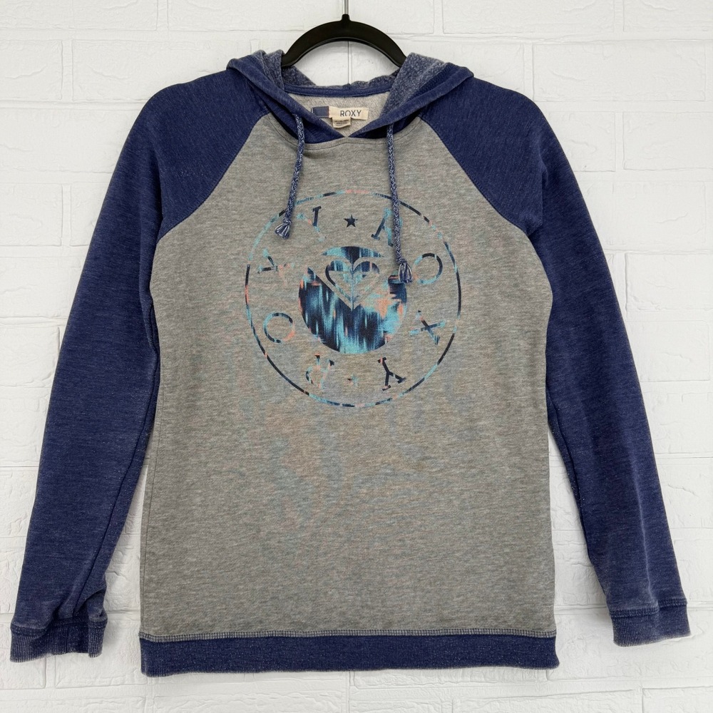 Roxy Vintage Coastal Surf Hoodie Grey Blue Raglan Graphic XS Y2K Beach